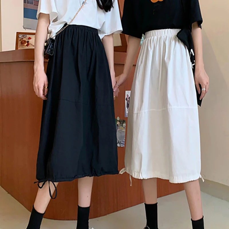 

Skirt Women Summer New Korean Fashion Shirring Draw String High Waist Thin Slim Skirts Female A Line Casual Mid Calf Solid Skirt