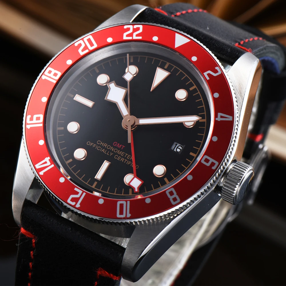 Corgeut 41 мм мужские спортивные часы с красным ободком GMT автоматические