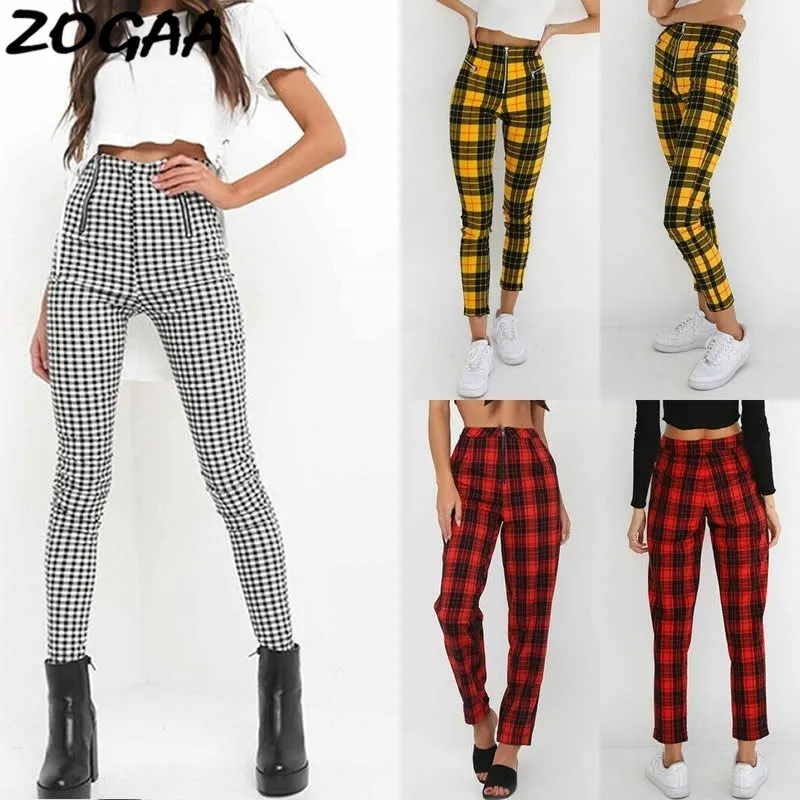 

ZOGAA Classic Plaid Pants Women Zipper Skinny Denim Office Casual High Waist Jeggings Pencil Pants Trouser Streetwear
