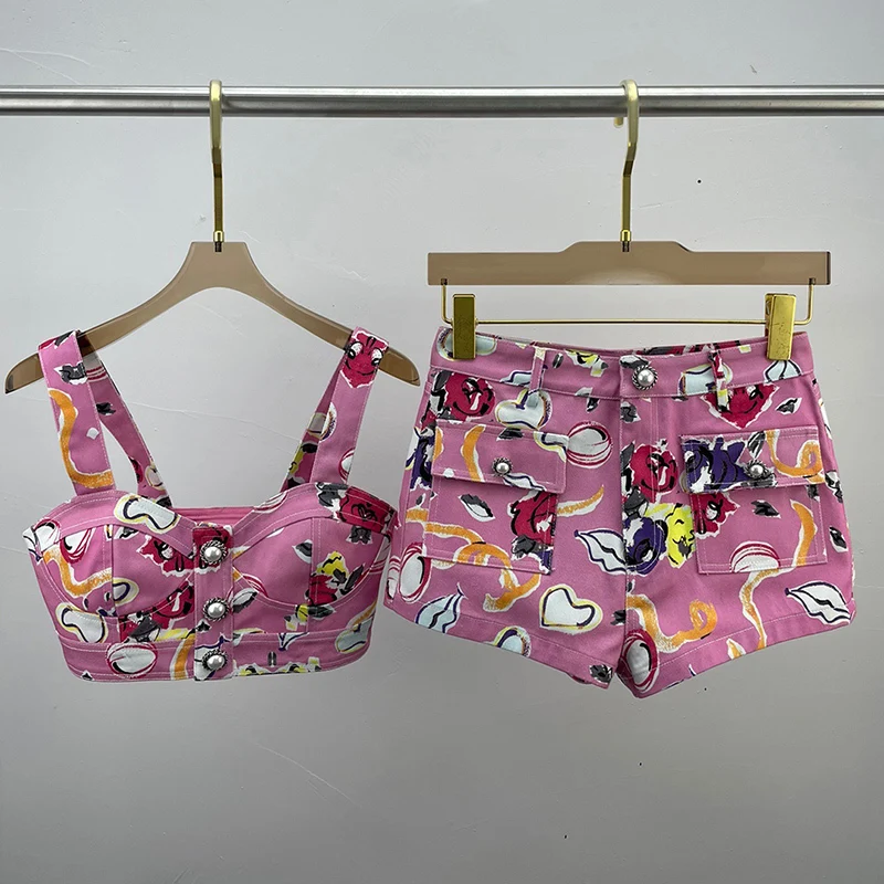 

Женский джинсовый комплект из двух предметов с принтом, короткий жилет с квадратным воротником и рукавами, свободные шорты с высокой талией...