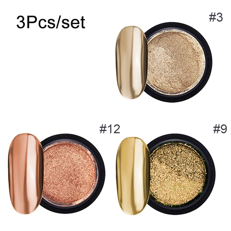 3pcs set 3 9 г/2 г зеркало для ногтей блестящая пудра металлический цвет УФ-гель для дизайна ногтей Полировка хромированные хлопья пигментная пыль украшения Маникюр - Цвет: 3pcs set 3