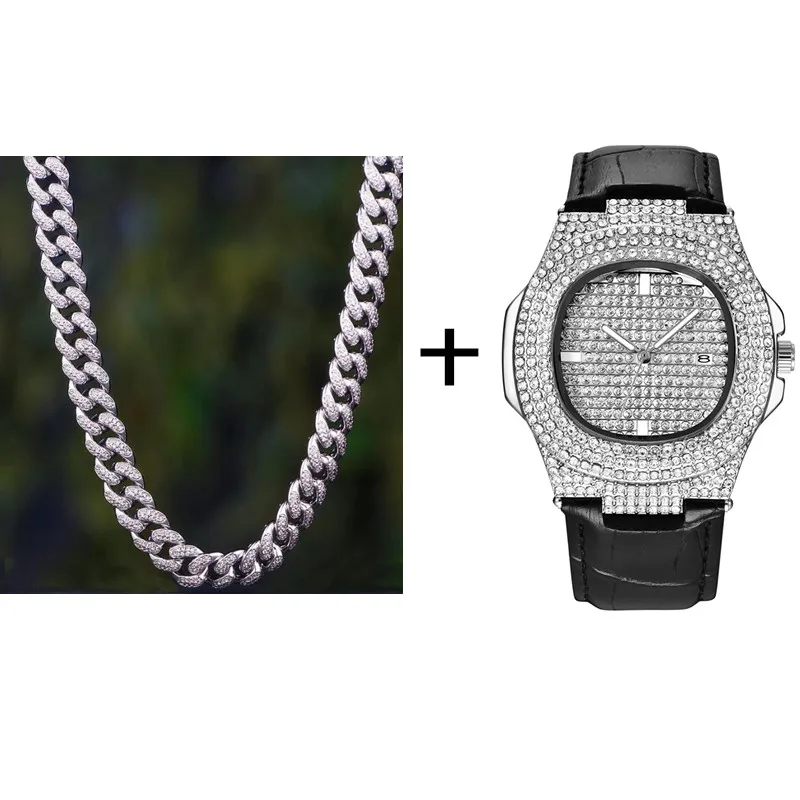 Necklace +Watch+Bracelet Bling Iced Out Miami Zircon Cuban Full Pave Rhinestone Men Bracelet For Jewelry | Украшения и аксессуары