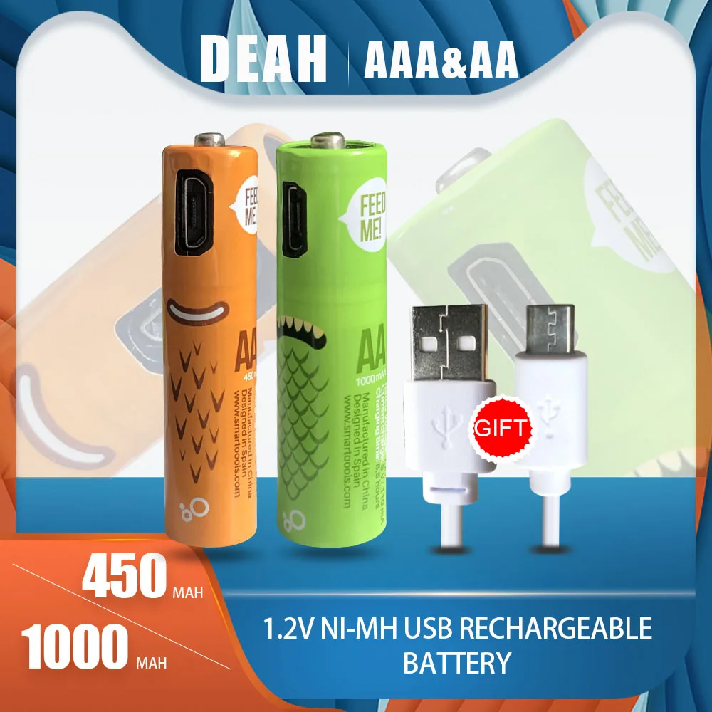 Перезаряжаемая батарея DEAH AA/AAA 1 2 в Ni MH USB 450 мА/ч AAA + 1000 AA ячейка с зарядным кабелем