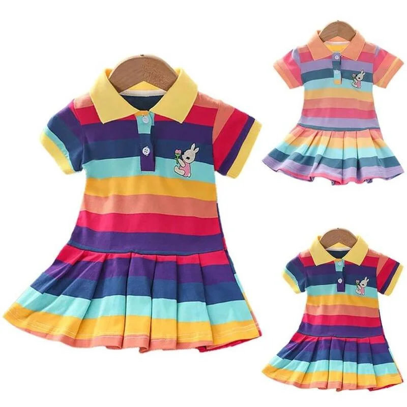 

Kids Baby Girls Lapel Short Sleeve Rainbow Cartoon Printed Shirt Dress Casual Pleated Mini Swing Polo Dresses