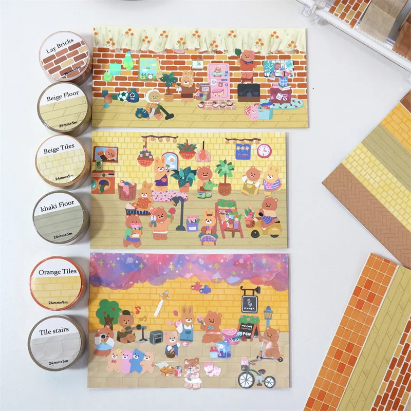 

5M Korean Ins Wood Floor Wall Tile Step Landscaping Series Washi Tape DIY Hand Account Frame Scene Collage Material Stationery