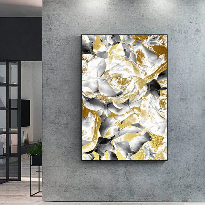 Золотой черный белый цвет розы абстрактная живопись плакат Цветочный принт