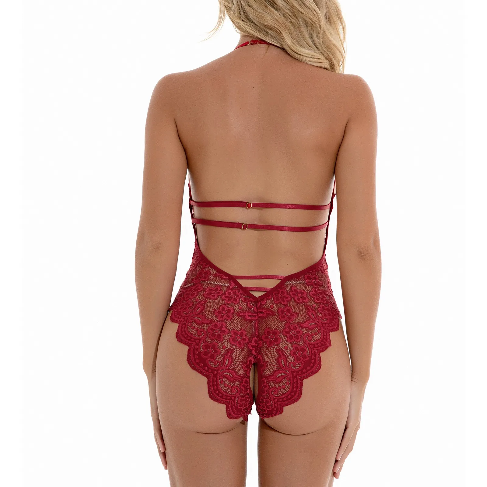 

Embroidery Sexy Lingerie Women's Sheer Lace Mesh Insert Strappy Teddy V Neck One Piece Lingerie Babysuit See Through Underwear