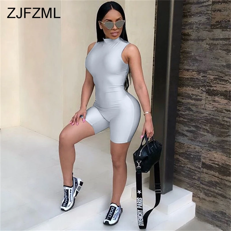 

ZJFZML Sexy Bodysuit Women Sleeveless Playsuit Back Zipper Bodycon Jumpsuit Short Rompers Womens Jumpsuit Party Club Body Femme