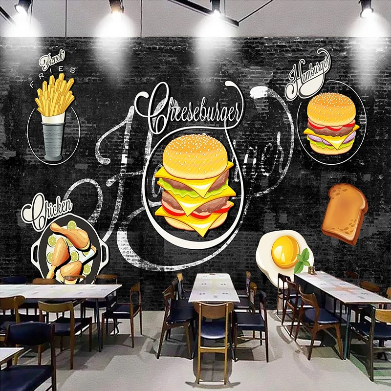 

Custom Mural Wallpaper 3D Hand Painted Hamburger Western Food Fast Food Shop Restaurant Background Wall Decor Papel De Parede 3D