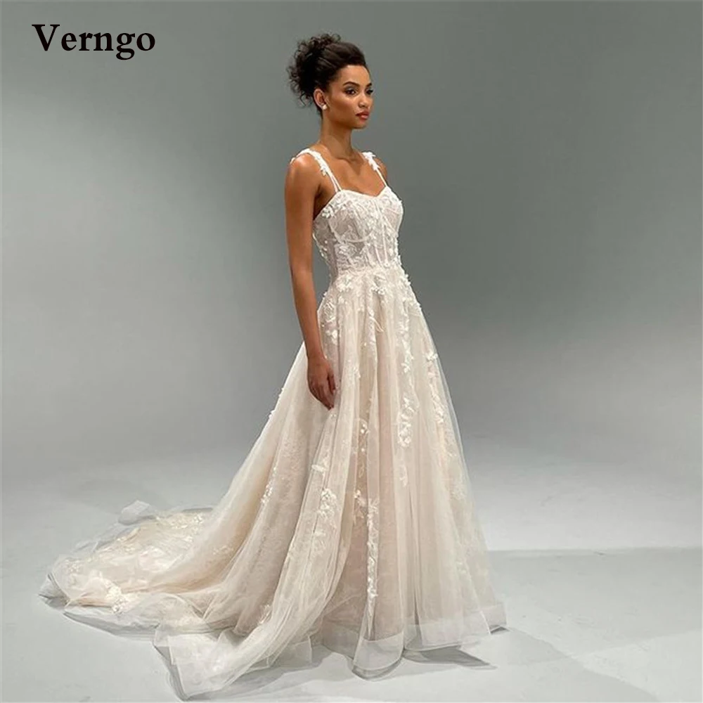 

Verngo Modern A Line Wedding Dresses Spaghetti Straps Lace And Tulle Sweep Train Bridal Gowns Bohemain Country Wedding Gown