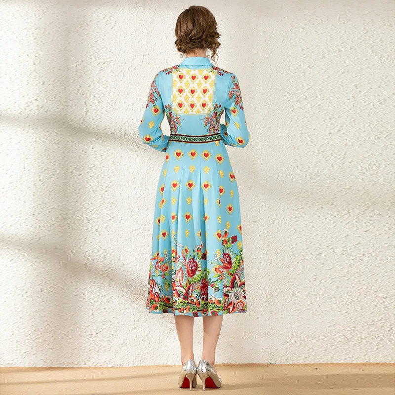 

Autumn High Quality Floral Print Holiday Dress Runway Spring Women's Long Sleeve Shirt Dress Elegant Party Swing Luxury Dresses