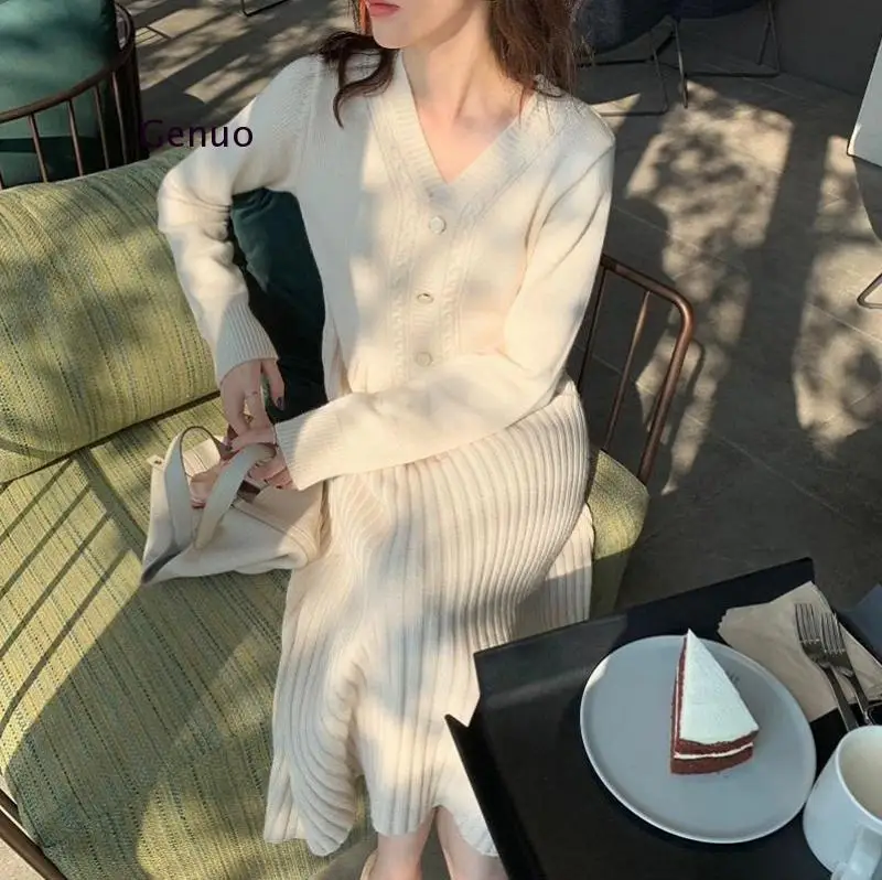 

Striped Knitted Sweater Dress Women V-Neck Long Sleeve Korean Midi Dress A-Line Buttons Elegant Casual Solid Autumn Winter