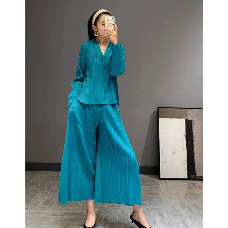 2021 spring new women's professional suits Miyak fold Fashion plus size suit Korean version slim two-piece wide-leg pants