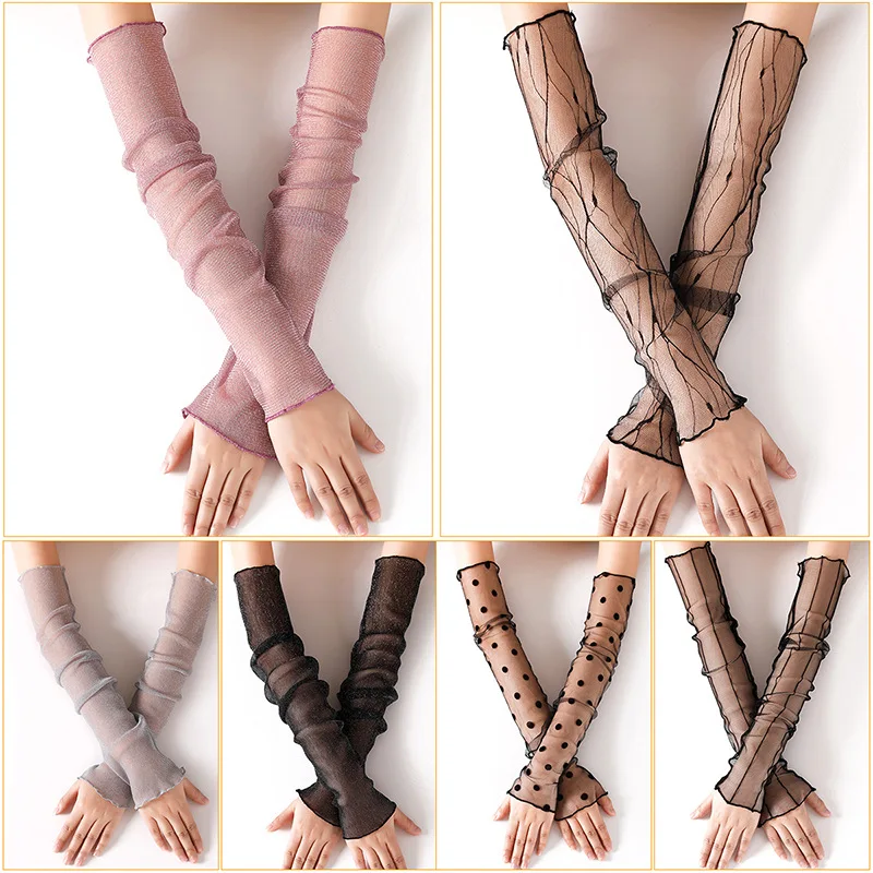 

52cm Summer Women Thin Sexy Ice Silk Mesh Elasticity Cycling Drive Outdoor Sports Sun Protection Long Half-Finger Sleeve Gloves