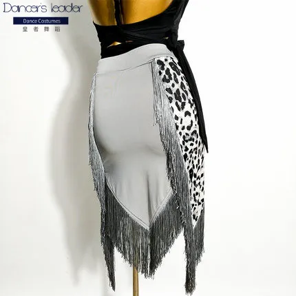 

New latin tassel skirt women gray leopard pattern new skirt irregular dance practice skirt