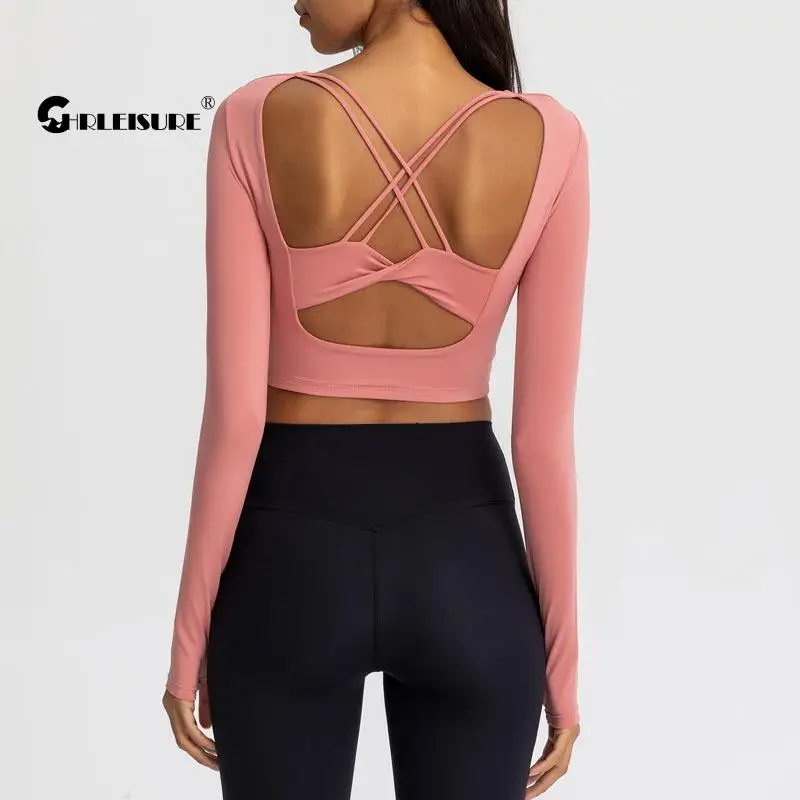 

CHRLEISURE, тонкие спортивные блузки, сексуальные, с открытой спиной, с перекрестными лямками, для йоги, с длинным рукавом, для бега, дышащие, быст...