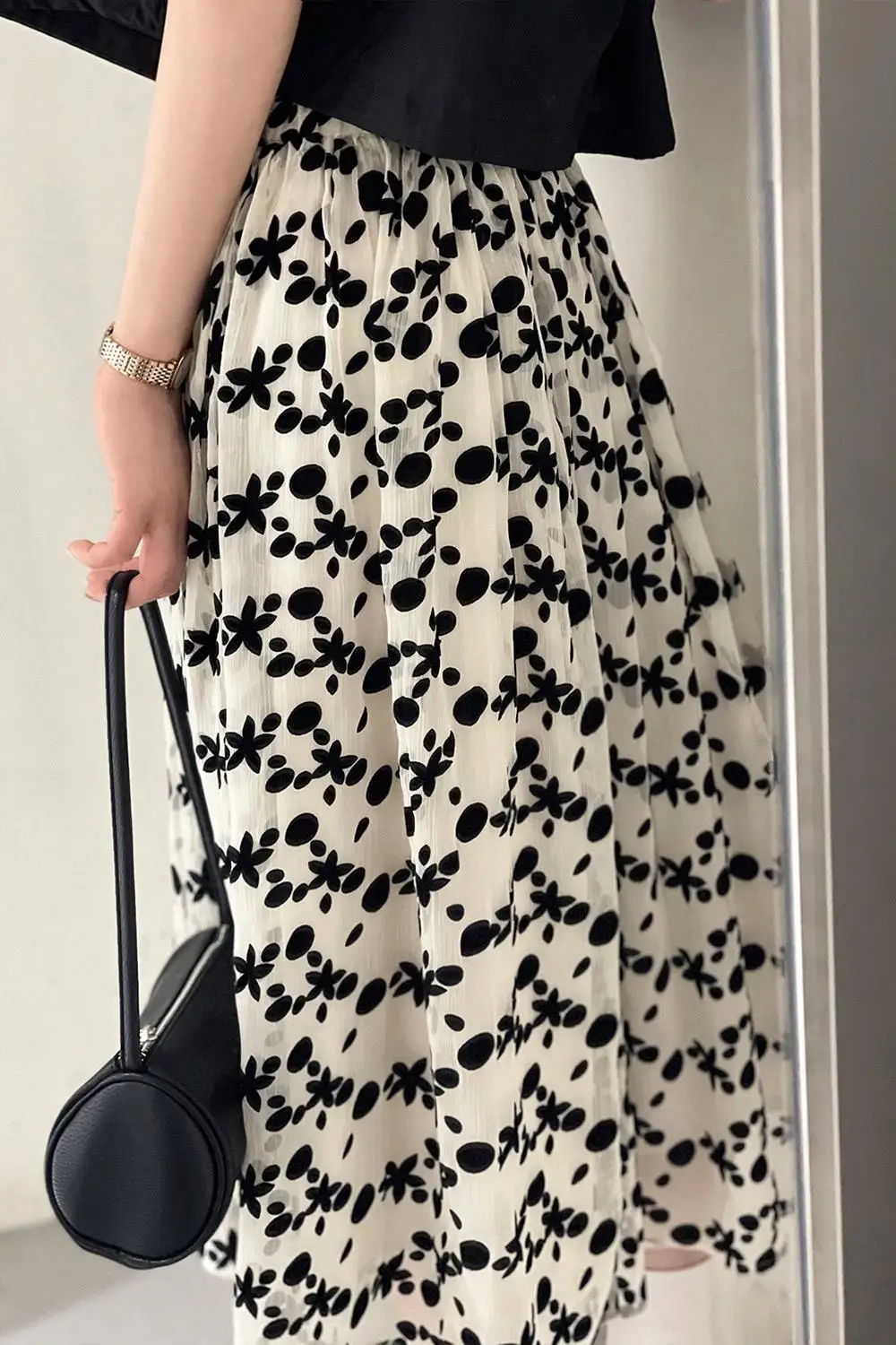 

Summer Korean High Waist Women's Skirt Elegant Pleated Midi Skirts Female Dot Fashion Woman Clothes