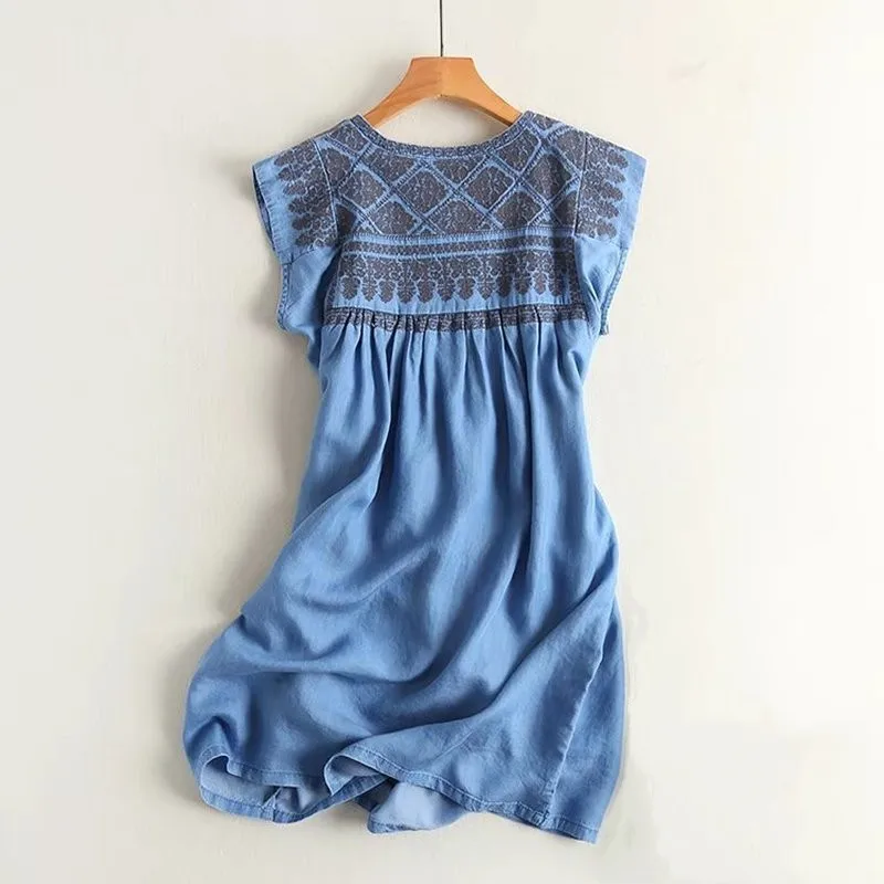 

Women Tencel Denim Dress Cotton High Waist Sleeveless Soft Short Loose Stlye Embroidery