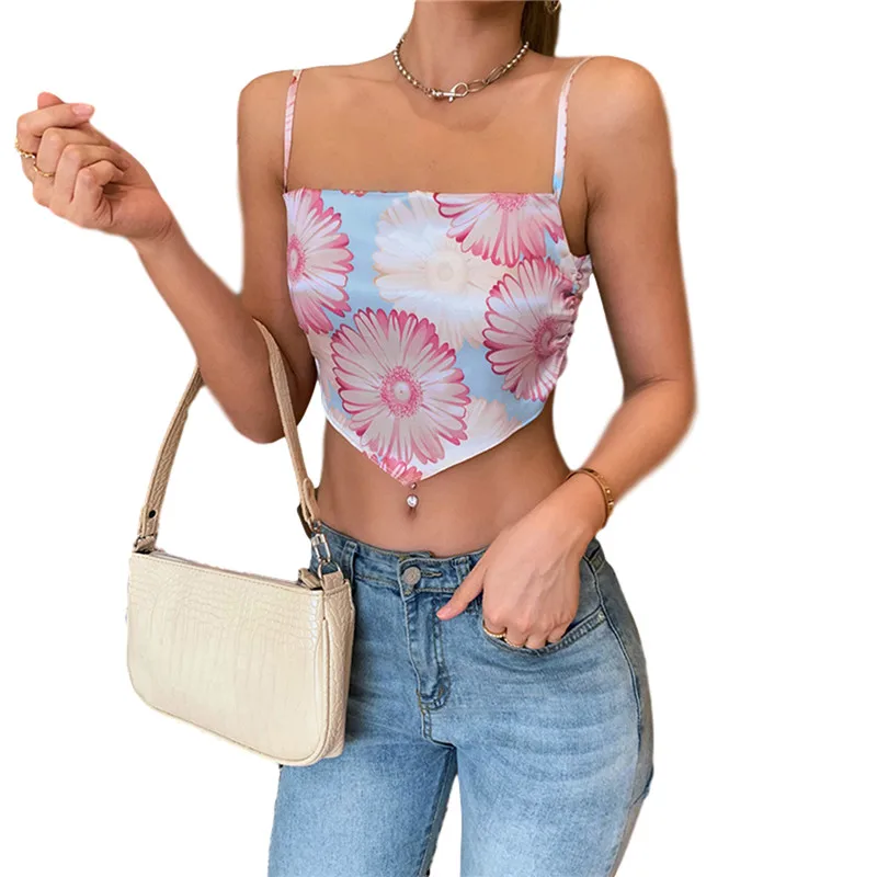 

Women Sexy Lace Up Halter Summer Tank Tops Floral Print Sleeveless Backless Bandage Party Club Crop Top Vest Female Skinny