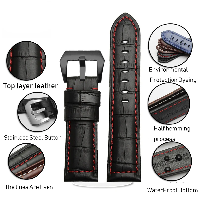 Quality Brown Handmade Band Men Watchband for Panerai  Leather Watch Straps Male Replacement Bands Wist Bracelet 22mm 24mm 26mm