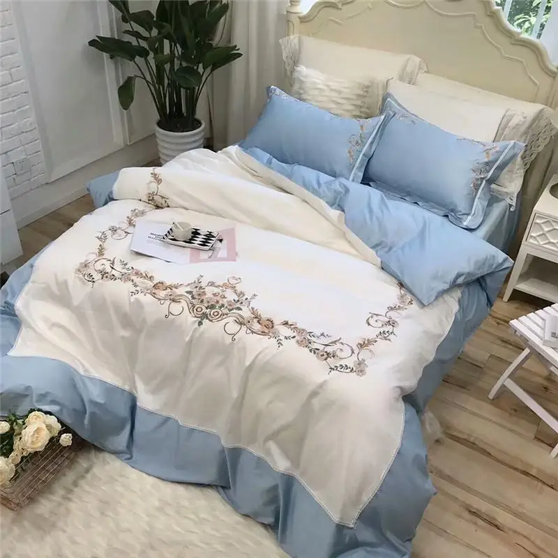 

New arrival White blue queen king Bedding Set Egyptian cotton embroidery bed set bed cover soft Bedsheets Duvet quilt cover set