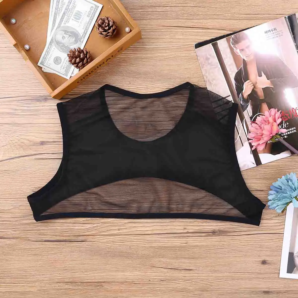 Майка мужская сетчатая облегающая кожаный пикантный укороченный топ для занятий