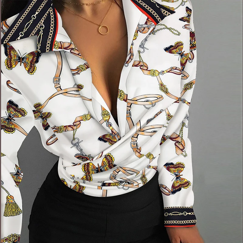 

Lapel Offcie Lady Slim Fit Floral Print Blouse Casual Long Sleeve Sexy Button Tops Blusa Women Turn Down Collar Streetwear Shirt