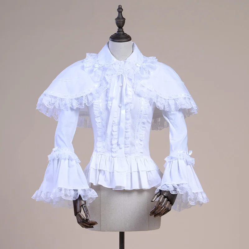 Spring Women White Shirt Vintage Victorian Ruffled Lace Blouse Ladies Gothic Tops Lolita Princess Costume Shawl Shirts 2 Pieces