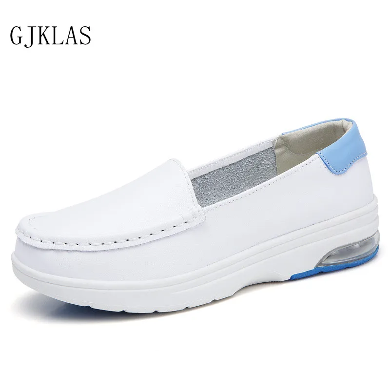 

Genuine Leather Shoes Women Flats Platform Loafers Slip on White Chunky Shoes Woman Nurses Casuales Skidproof Comfy Flat Shoes