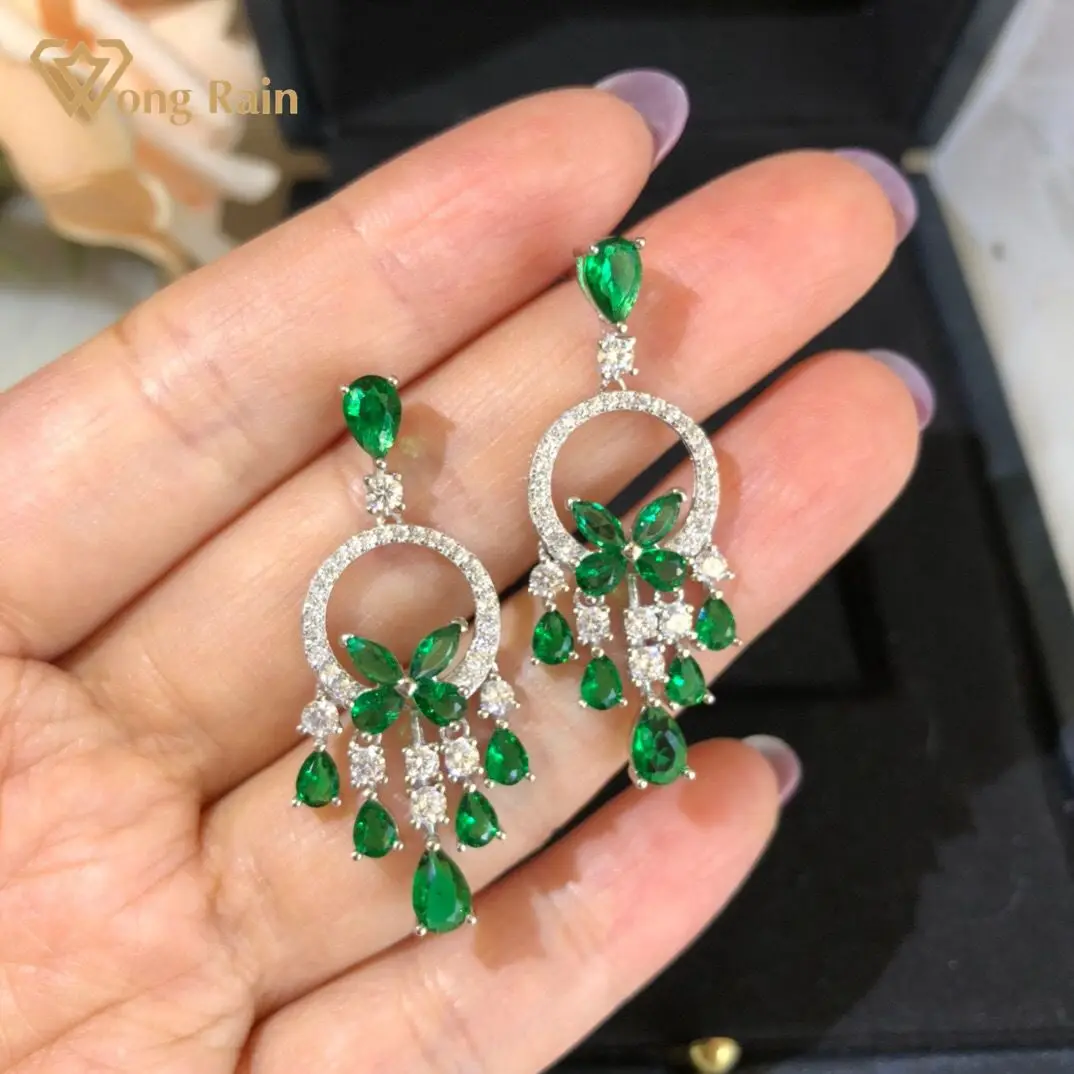

Wong Rain 100% 925 Sterling Silver Emerald Moissanite Wedding Party Vintage Luxury Women Drop Dangle Earrings Fine Jewelry Gifts