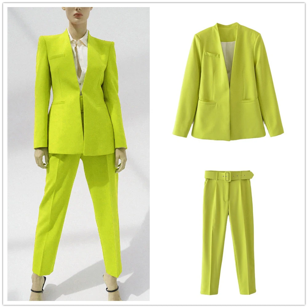 Fashion Solid Women Blazer Suits Long Sleeve Cardigan Belt Blazer Pants Set Office Ladies Two-Piece Blazer Sets