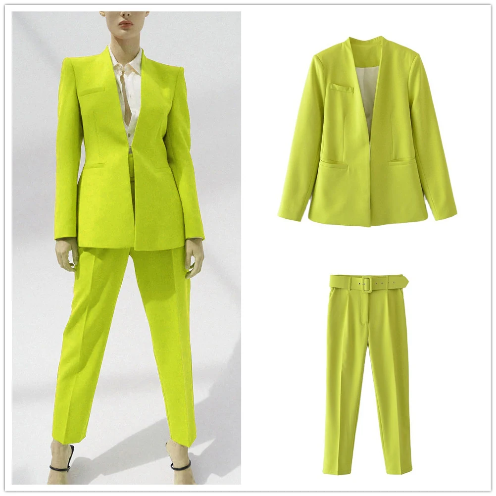 

Fashion Solid Women Blazer Suits Long Sleeve Cardigan Belt Blazer Pants Set Office Ladies Two-Piece Blazer Sets