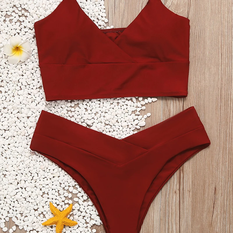 

Sexy Cross Bikini Set Women Solid V-Neck High-Waisted Two Piece Swimsuit 2021 Girl Beach Bathing Suit Swimwear Biquinis