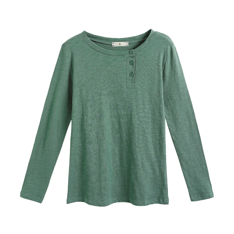 

Solid O-neck Classic Style Autumn and Winter Cotton T-shirt Long Sleeve Button Casual Shirt Female Elegant Blouse Tops 6982 50