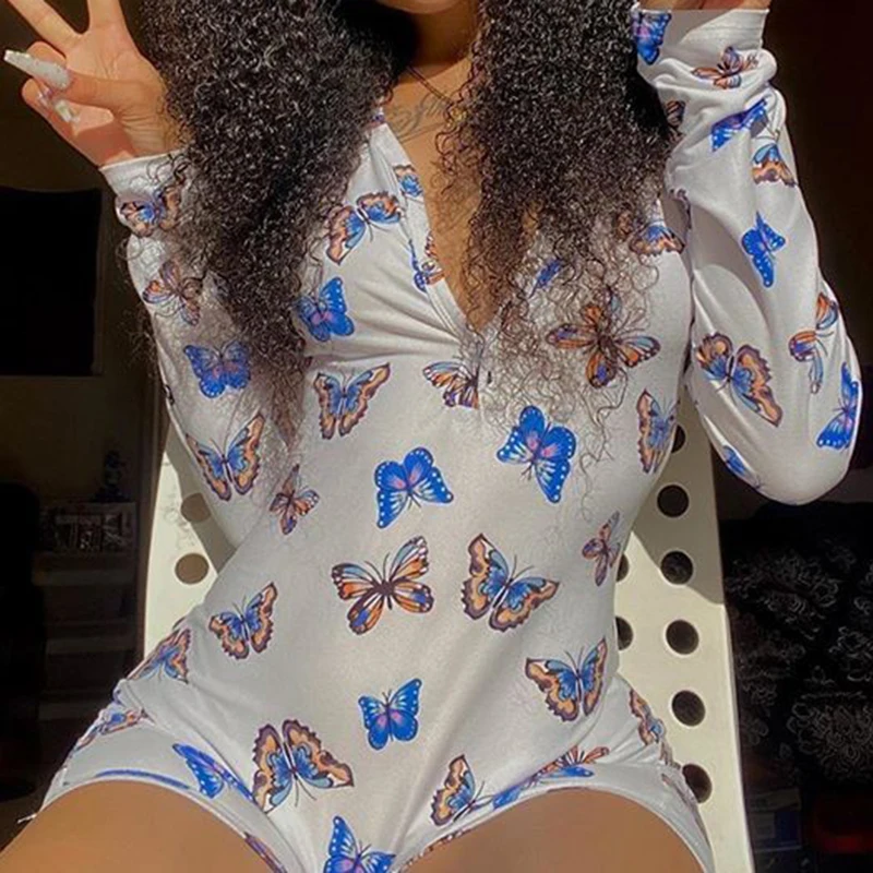 

New Arrival Women Sexy Playsuit Slim Jumpsuit Butterfly Printing Long Sleeve Button Perspective 2020 Fashion Lady White Rompers
