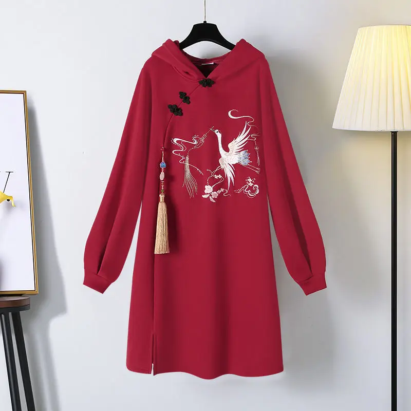 

Spring New Women's Thick Sweatshirt Dress Women Mid-length Vestido Traditional Chinese Style Hanfu Cheongsam Without Pendant
