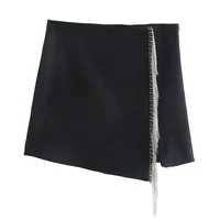traf za women black skirt vintage high waist short skirts woman fashion 2021 bejewelled fring mini skirts sexy slit y2k skirt
