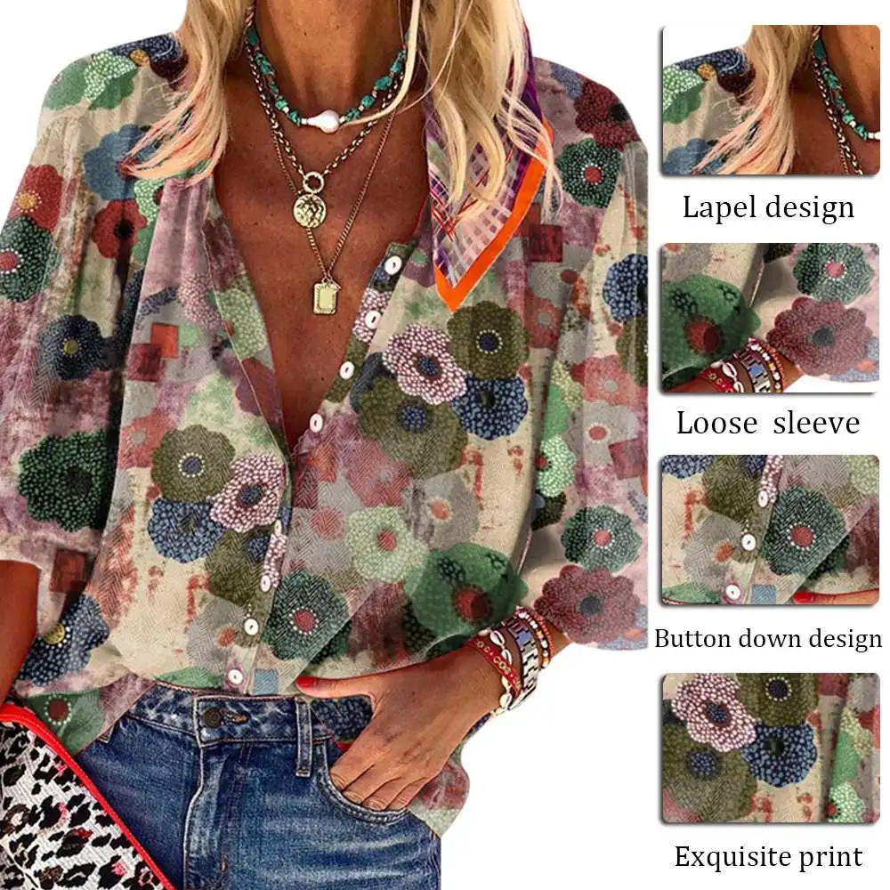 

Women Sexy Blouse Women Floral Printing Deep V-neck Shirt Half Sleeve Loose Casual Blouse Large Size Autumn Ladies Tops