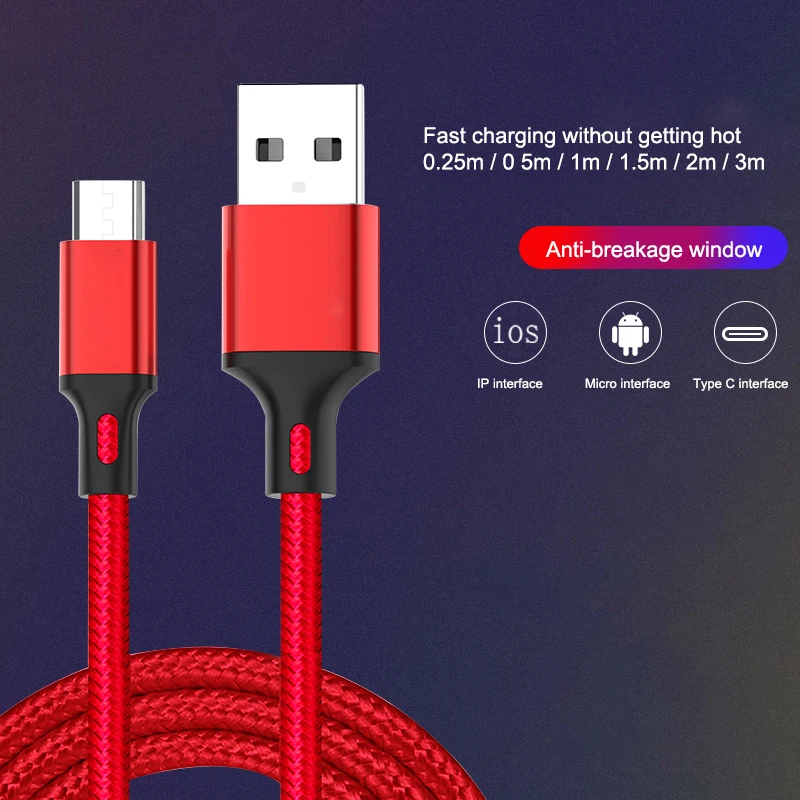 

Nylon Braided Micro USB Cable 0.25m/1m/2m/3m Data Sync USB Charger Cable For Tablet USB Type C Android USB Phone Cables