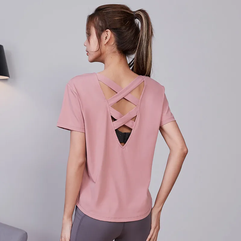 

Open Back Gym Yoga Shirts Women Quick Dry Sports Running T-shirt Long/Short Sleeve Loose Fitness Training Workout Sportswear Top