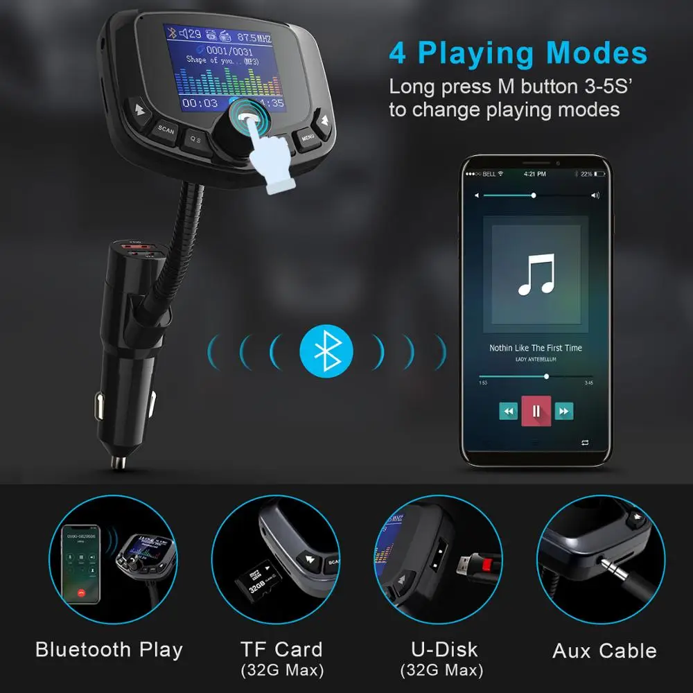 TeckNet Car Bluetooth Stereo FM Transmitter 3A Dual USB Fast Charger Handsfree Audio Receiver Auto MP3 Player Accessories |