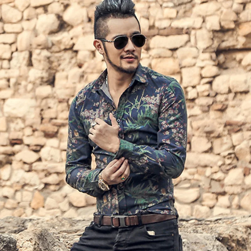 Мужская хлопковая рубашка с длинным рукавом цветочным принтом | одежда