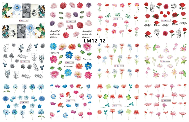 LM12-12 12 Designs Watermark Nail Art Decoration Water Decals Flower Flamingo Bird Rose Sticker Manicure Sliders Adhesive Tip BN913-924 - Color: LM12-12