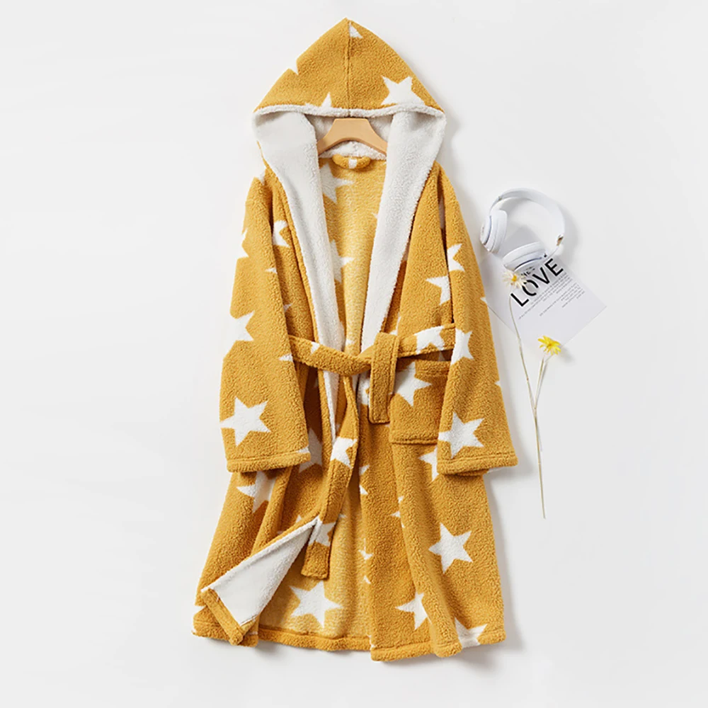 

Autumn Winter Warm Thicken Coral Fleece Long Robes Women Couples Fashion Stars Print Hooded Kimono Bathrobe Plus Size Dresses