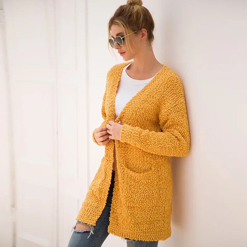 Fitshinling 7 цветов зимний длинный женский кардиган Boho Карманы Женская трикотажная куртка свитера длинный рукав тонкий кардиган для женщин
