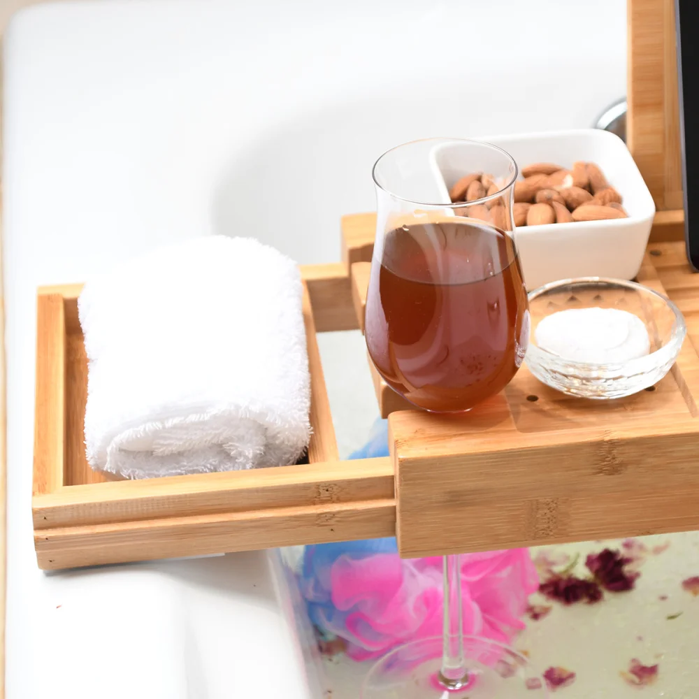 

1PC Multifunctional Bathtub Serving Tray Bamboo Bath Bridge Telescopic Storage Rack Shelf with Mirror for Bathroom Home