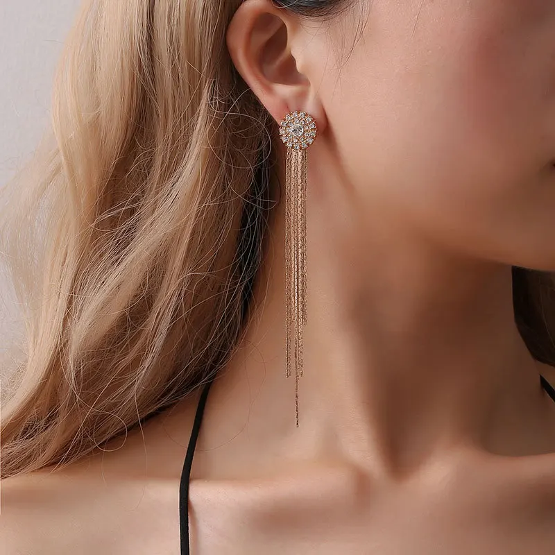 

ZLALHAJA Korean Long Hanging Dangle Tassel Earrings For Women Round Shape Zircon Piercing Stud Earring 2022 Fashion Jewelry Gift