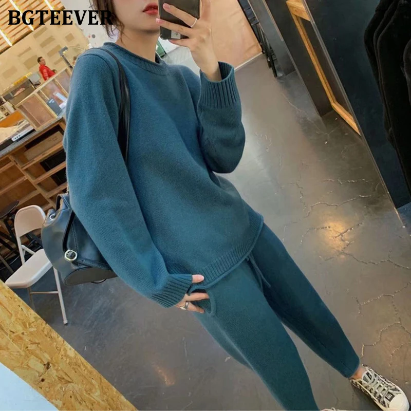 BGTEEVER зимний свитер набор женский джемпер с круглым вырезом и брюки-карандаш 2019