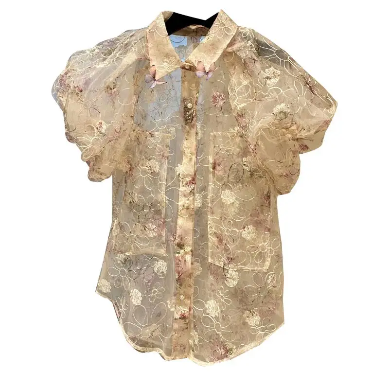 

2020 Flower Embroidery Shirts Women Bubble Transparent Lace Mesh Women's Shirt