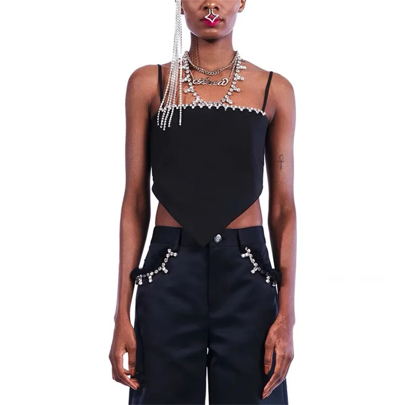 2021NEW Back tie short camisole with irregular square neckline, hand-studded with diamonds Belly-style camisole women's top
